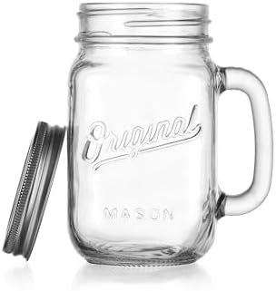 Mason Jar 16 Oz. Glass Mugs with Handle and Lid Set Of 6 Old Fashioned Drinking Glass Bottles Original Mason Jar Pint Sized Cup Set.