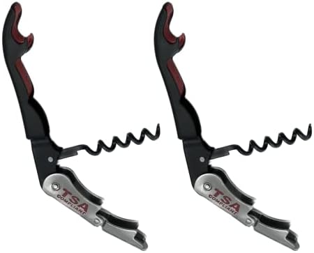 TSA Compliant Corkscrew Bottle Opener, Black Double Hinged, Stainless Steel Wine Key (2 Pack)