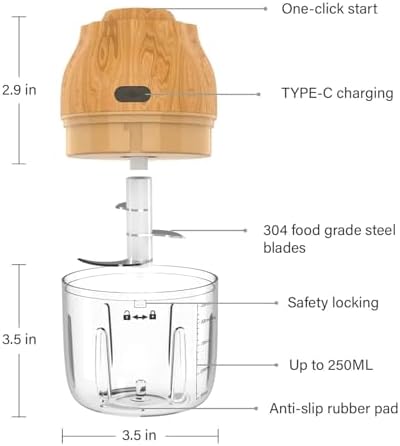 Electric Garlic, Fruit, and Vegetable Mini Food Chopper: Compact Wireless Processor Ideal for Ginger, Chili, Meat, and More, 250ML, Wood - Image 6