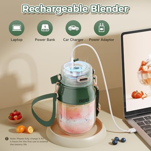 Portable Blender, Prasky Personal Blenders for Shakes and Smoothies with 27oz Cup, Lid and Shoulder Strap, Type-C USB Rechargeable, Personal Size Blenders BPA-free for Travel/Kitchen(Green) - Image 6