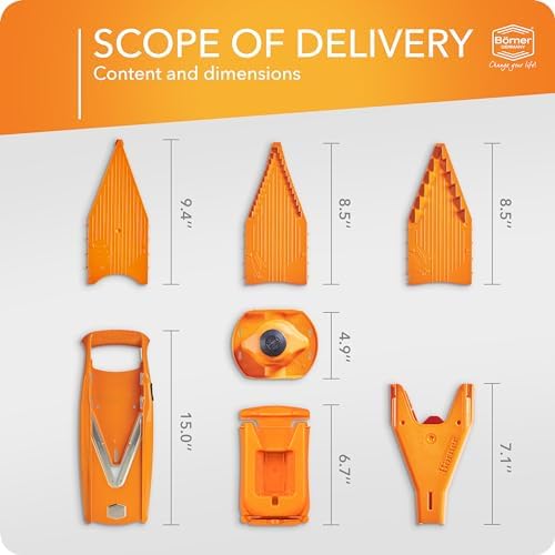 Börner Mandoline Slicer V5 (Professional Set) • Adjustable Vegetable Slicer (7-piece) • 10 Cutting Styles • Kitchen Slicer incl. Docking Station • Stainless Steel V-Blade • Color: Orange - Image 6