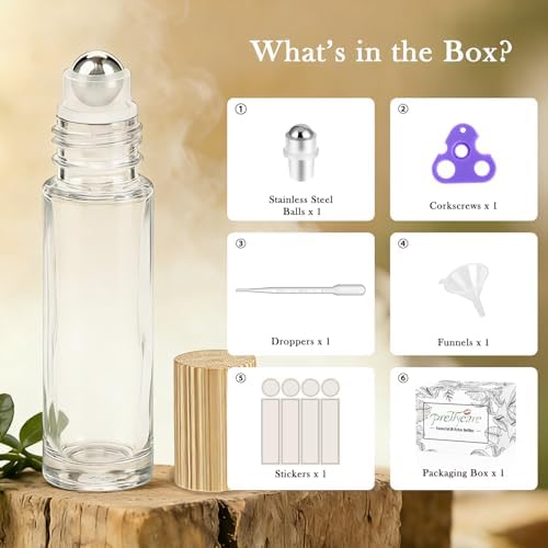 PrettyCare 4 Pack, 10 ml Essential Oil Roller Bottles with Stainless Steel Roller Ball - Refillable Leak-proof Empty Thick Clear Glass Roll on Bottles with Bamboo Caps for Travel, Perfume - Image 2