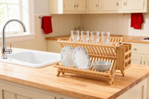 Dish Drying Rack Collapsible 2-Tier Bamboo Dish Rack for Kitchen Counter Wooden Dish Drainer with Foldable Space-Saving Design for Dishes, Plates, and Cups