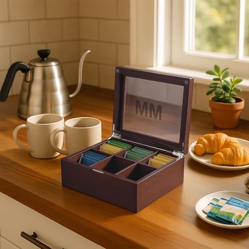 Custom Engraved Mahogany Tea Storage Chest with Glass Lid – 6-Compartment Box for Tea Bags & Accessories