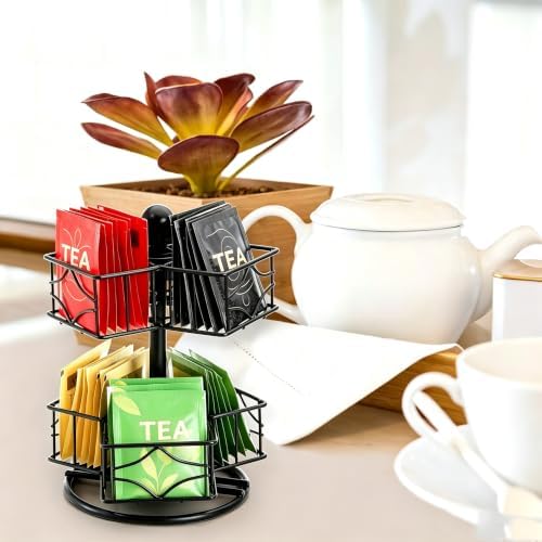 Tea Bag Organizer, 360 Degree Tea Bag Spining Carousel Organizer with 6 Compartments, Lazy Susan Sugar Coffee Creamer Caddy for Kitchen Counter Cabinet Organizer, Up to 60 Tea Bags Storage