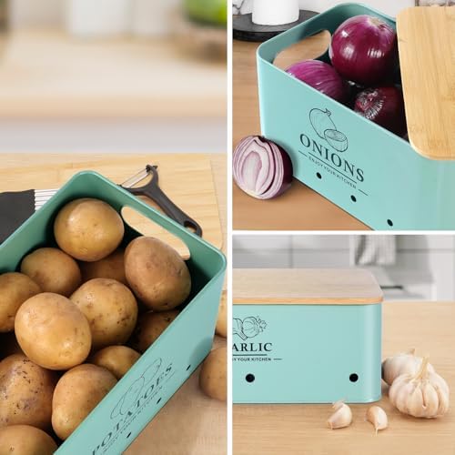 Kitchen Vegetable Storage Set of 3, Metal Onion Garlic Potato Storage Set, Kitchen Canisters Vegetable Keeper Containers with Aerating Holes and Bamboo Lid,Blue - Image 6