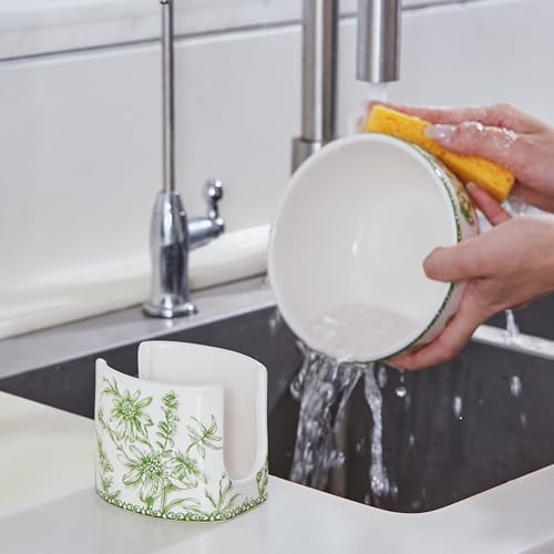 Green Garden Toile De Jouy Ceramic Kitchen Sponge Holder for Countertop Sink, Sponge Caddy, Decorative Dish Sponge and Scrubber Rack