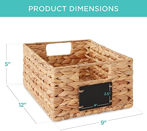 Set of 4 9x12in Water Hyacinth Pantry Baskets, Woven Organizers w/Chalkboard Label, Chalk Marker - Natural