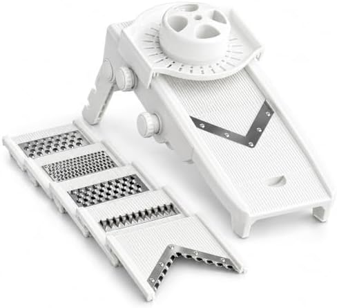 13.5 Inch Plastic V-Shaped Mandoline Slicer, White, 5 Blades, 1 mm to 9 mm Adjustable, Dishwasher Safe, Countertop by GLOWNARY
