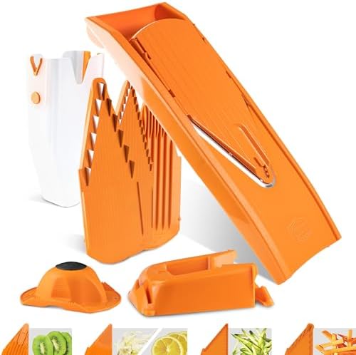 Mandoline Food Slicer Börner V1 (Profi Set) by Reston Lloyd • V-Slicer with 4 Inserts, Docking Station & Food Holder • Made in Germany • Fruit & Vegetable Chopper • Multiple Settings • Color: Orange - Image 7