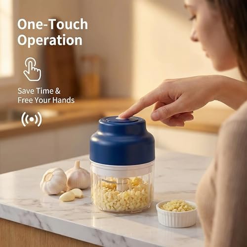 350ML Mini Electric Garlic Chopper, Mini Portable Veggie Chopper USB Charging Wireless Food Processor, Upgrade Electric Mini Garlic Chopper Set Wireless Veggie Grinder (Blue) - Image 6