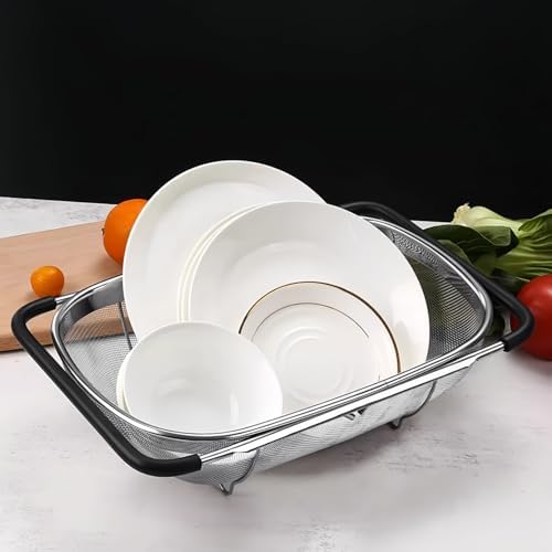 Over The Sink Colander, Stainless Steel Fine Mesh Expandable Colander, Sink Colander for Kitchen, 6-Quart Expandable Strainer Over The Sink for Straining, Draining, Rinsing Fruits And Vegetables
