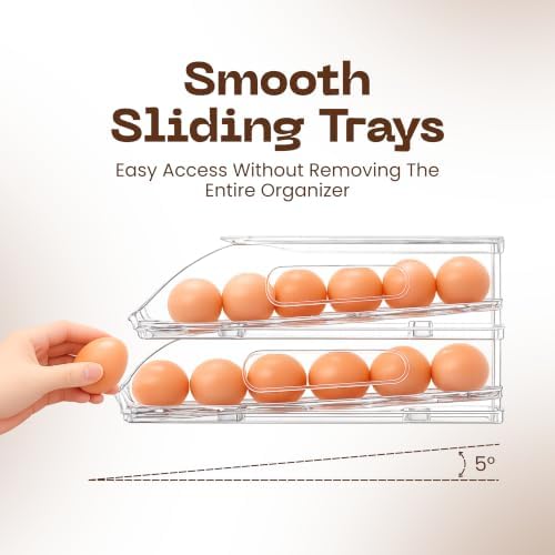 Auto Rolling Egg Holder for Fridge, 2-Tier Stackable Egg Dispenser Container with Lid, Clear BPA-Free Plastic Refrigerator Egg Storage Bin Tray, Space Saving Organizer for 36 Eggs - Pack of 2