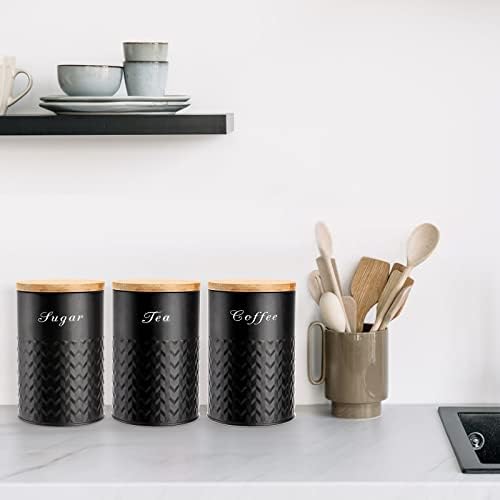 3 Pack Kitchen Canisters with Bamboo Lids, Airtight Metal Canister Set, Food Storage Containers Jars for Coffee, Sugar, Tea, Flour, Rustic Kitchen Decor Containers, Black