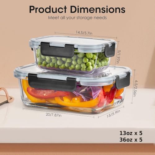 10 Pack Glass Food Storage Containers with Lids, Meal Prep Containers, Airtight Bento Boxes with Leak Proof Locking for Microwave, Oven, Freezer and Dishwasher, BPA Free