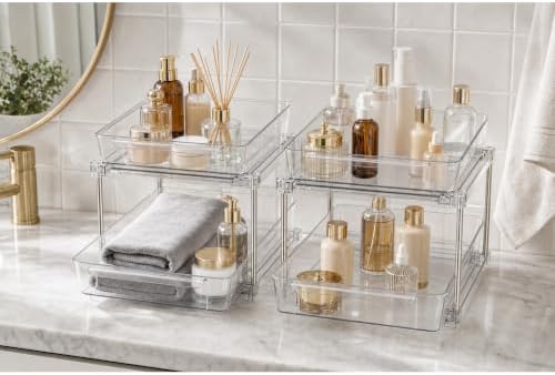 2-Tier Multi-Purpose Bathroom Under Sink Organizers and Storage, Stackable Kitchen Pantry Organization, Pull Out Medicine Cabinet Organizer with Movable Dividers, Clear, 2 Pack