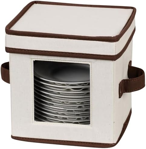 Saucer Storage Box, Holds 12 Saucers with Felt Protectors, Windowed Panel, 2 Riveted Handles, Foldable and Stackable Box
