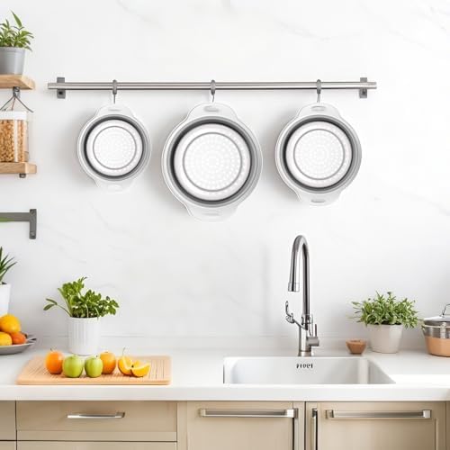 Collapsible Colander 3-Pack Set Space-Saving Foldable Kitchen Strainer with Non-Slip Base Durable Thickened PP+TPE Collapsible Strainers for Pasta, Vegetables, Fruits (Gray-White)