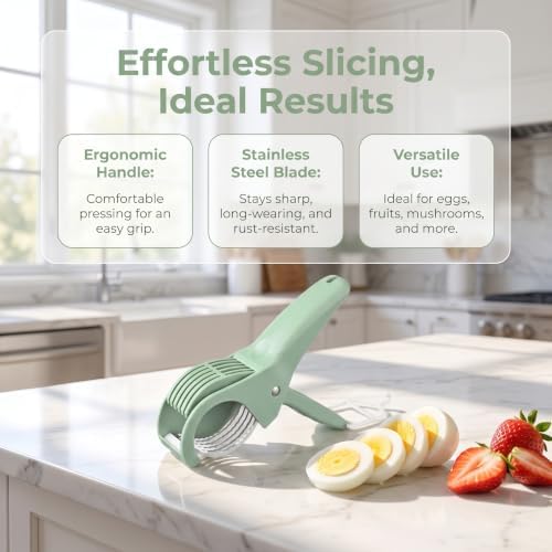 Manual Food Slicer, Stainless Steel Kitchen Cutter Ideal for eggs, strawberries, kiwis, and mushrooms Effortless press-and-slice design Space-saving hanging hook (Green) - Image 7