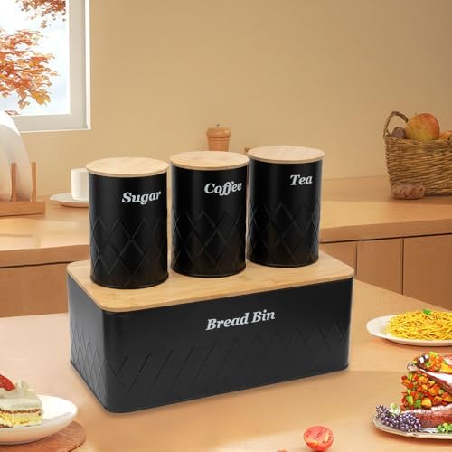 Black Metal Bread Box with Cutting Board,3 Canisters for Kitchen