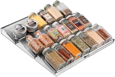 Expandable Plastic Deluxe Spice Rack, Drawer Organizer for Kitchen Cabinet Drawers, 3 Tier Slanted for Spice Jars, Food Seasoning Bottle Storage, Ligne Collection - Smoke Gray