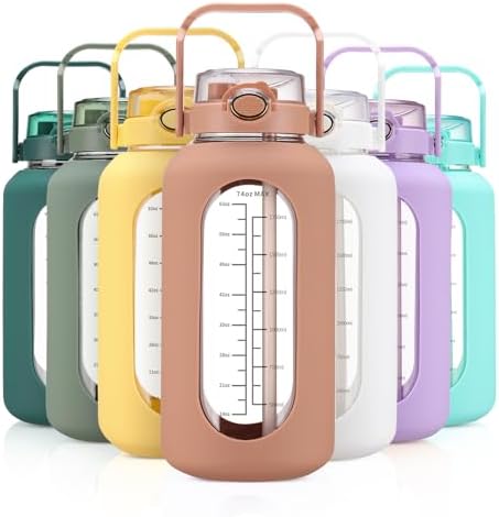 74 oz Glass Water Bolttles with Straw Large Motivational Water Bottle with Time Marker Sports Water Bottles with Silicone Sleeve and Handle Lid 2.2L Water Jug for Gym Workout