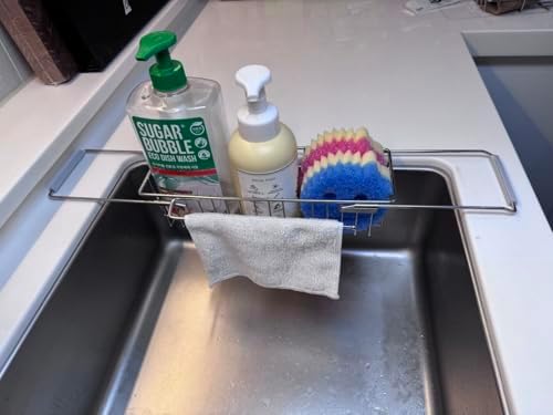 MOVAN Sink Caddy with Towel Bar – Full 304 Stainless Steel Sponge Holder, 11.8in (30cm) Basket, Fits Sinks Up to 21.7in (55cm), Suction Cup Mount, 2 Silicone Pads, Holds 8.8lbs (4kg)