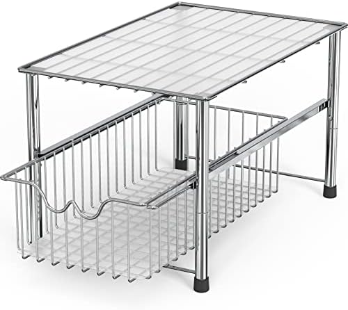 Stackable Under Sink Organizer with Sliding Basket, Chrome