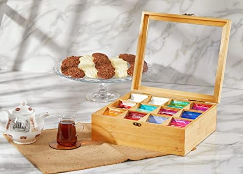 Natural Bamboo Tea Storage Organizer, Clear Acrylic Top, 12 Compartments