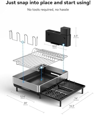 Large Dish Drying Rack, Expandable Dish Racks for Kitchen Counter, Space Saving 304 Stainless Steel Drying Rack Kitchen, Extra Large Drainer with Multifunctional Flip Up Pegs, Black