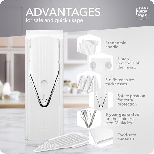 Börner Mandoline Slicer V3 (Basic Set) • V-Slicer for Vegetables & Fruits • Adjustable Kitchen Slicer • 3 Thickness Settings • With Rubber Feet & Stainless Steel V-Blade • Color: White - Image 6