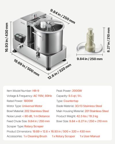 Food Processor 9.5 qt 9 L Commercial Electric Vegetable Chopper 1800W
