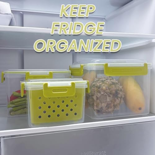 Set of 3 Fruit Storage Containers for Fridge with Removable Colander and Handle Lid, 4.6qt|2.5qt|1qt Dishwasher Microwave Safe, Keep Berry Fresh Longer (Light Green)