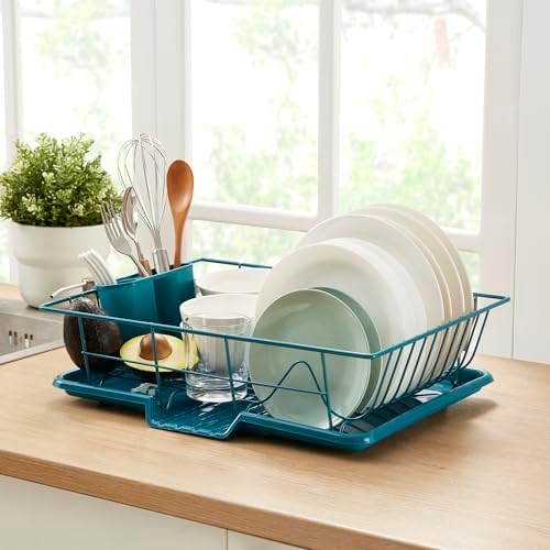 Space-Saving 3-Piece Dish Drainer Rack Set ✅ Efficient Kitchen Organizer for Quick Drying and Storage ✅ Includes Cutlery Holder and Drainboard ✅ Maximize Countertop Space, Blue/Green Teal