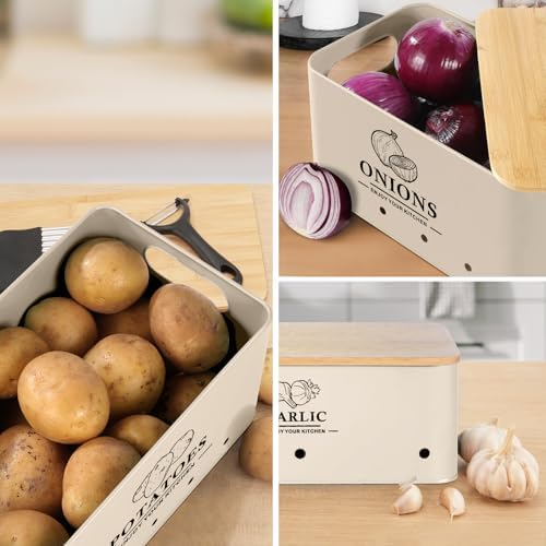 Kitchen Vegetable Storage Set of 3, Metal Onion Garlic Potato Storage Set, Kitchen Canisters Vegetable Keeper Containers with Aerating Holes and Bamboo Lid,Beige - Image 6