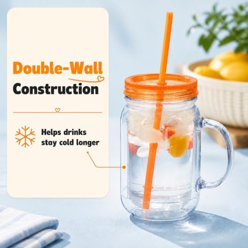 Plastic Mason Jars with Handles, Lids and Straws | 20 oz Double Insulated Tumbler with Straw | 4 Pack Set of 4 | Wide Mouth Mason Jar Mugs | Cups for Kids and Adults…