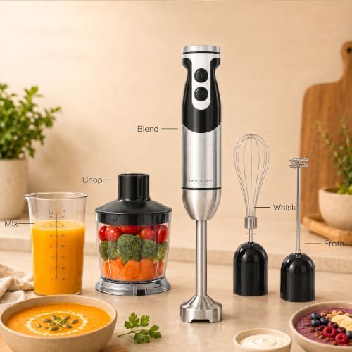 MegaWise 5-in-1 Hand Blender, Powerful Immersion Stick Blender with Titanium Reinforced Blades, 12-Speed Control, Includes Chopper, Beaker, Whisk & Frother for Smoothies & Baby Food - Image 6