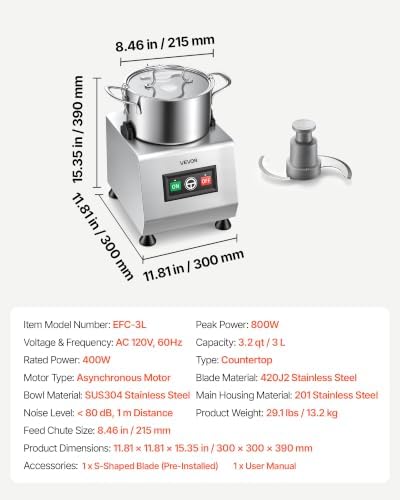 Food Processor 3.2 qt 3 L Commercial Electric Vegetable Chopper 400W