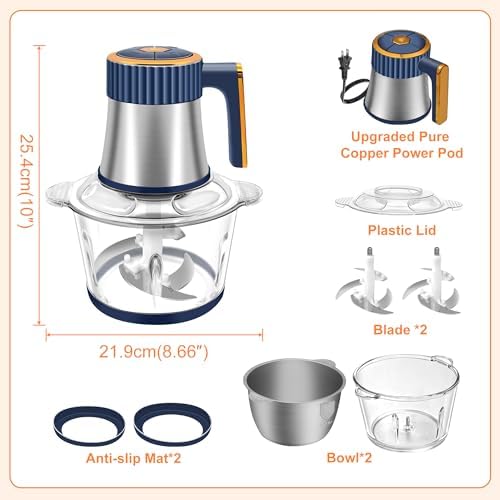 Food Processor, 5 Speed Meat Grinder with 2 Bowls(8 Cup+8 Cup), Blue - Image 6