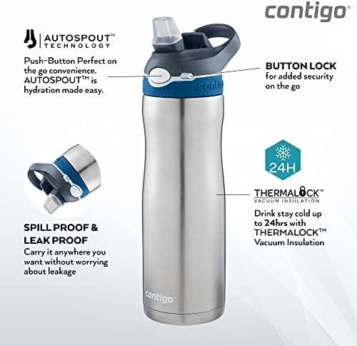 Ashland Chill Autospout Water Bottle with Flip Straw, Stainless Steel Thermal Drinking Bottle,Leakproof,Grey, BLue, 590 ml