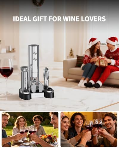 Electric Wine Bottle Opener Set Stainless Steel Rechargeable Wine Opener 8-in-1 Wine Gift Set with Charging base, Foil Cutter, Wine Aerator Pourer, Vacuum Pump & 2 Wine Stoppers, Silver