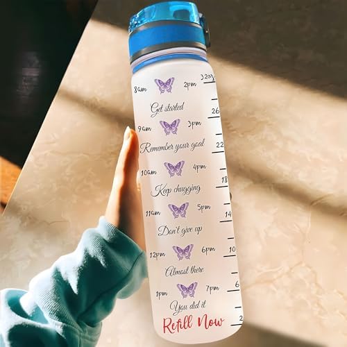 Personalized Purple Butterfly Water Bottle - 32oz Motivational Water Bottle with Leak-Proof Lid & Time Marker - Custom Name Gift for Butterfly Christ Lovers Women - Birthday & Christmas Gift