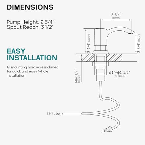 Built-in Kitchen Sink Soap Dispenser with Extension Tube Kit - Brushed Nickel Finish, Leak-Proof Design, No Top Refill Required (39" Tube)