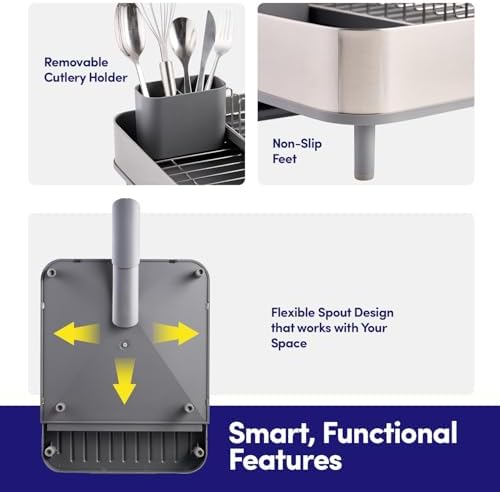 Dish Drying Rack Countertop Expandable Dish Drainer β Up to 20.5" Telescoping Premium Extending Drying Station Organizer with Drainboard, Removable Utensil Holder β Dish, Silverware & Cup Storage Gray