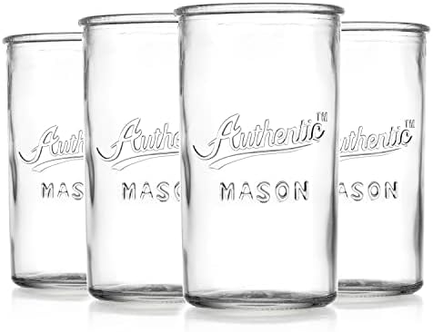 Drinking Glasses – Set of 4 Authentic Mason Vintage Glassware – Clear Glass Tumblers for Cocktails, Water, Juice – Embossed Vintage Drinking Glasses