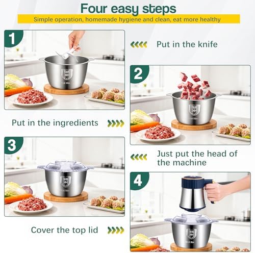 Small Food Processor, Electric Meat Grinder & Vegetable Chopper with 2 Bowls (8 Cup Stainless Steel + 8 Cup Glass) 5-Speed 400W Motor and 2 Sets Blades, Food Chopper for Kitchen Appliances