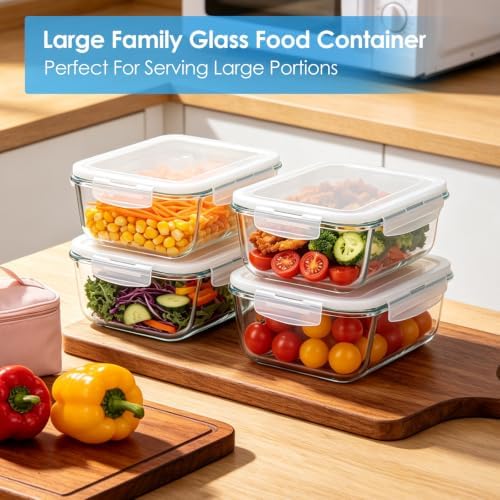 4 Pack 63oz/8 Cups Large Glass Food Storage Containers with Lids, White