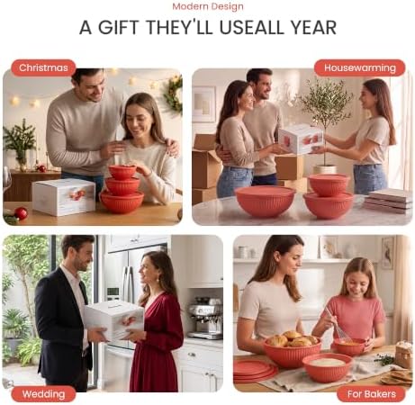GENICOOK 3 Set Red Ribbed Glass Mixing Bowls Set with Lids, BPA Free - Image 6