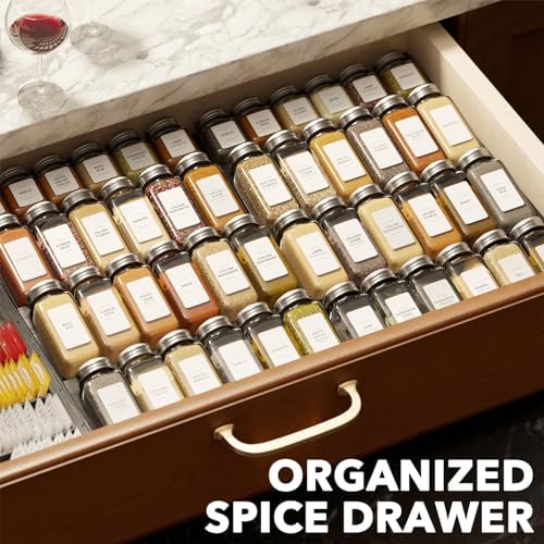 Bamboo Black Spice Drawer Organizer, (Need 3" Deep Drawer) Expandable 4 Tier Spices Rack for Cabinet, Kitchen Seasoning Storage Insert (Jars Not Included, From 12" to 23" Wide)