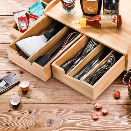 Bamboo 2 Drawer Coffee Pod Organizer with Side Box for K Cup Tea Bag